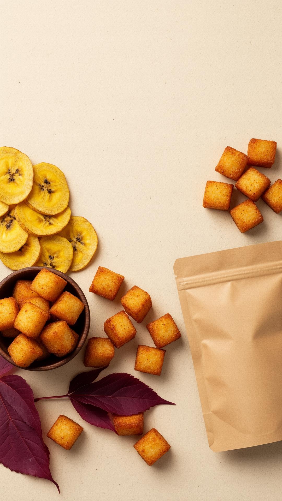 Beige flatlay of Gloze Foods chin chin cubes in a wooden bowl with plantain chips, autumn leaves and a kraft snack pouch